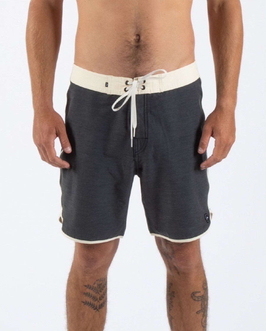 Apparel Rusty Surfboards Boardshorts | Rusty Usa Base 18" Scallop Fixed Waist Boardshort Oil Black/Bone